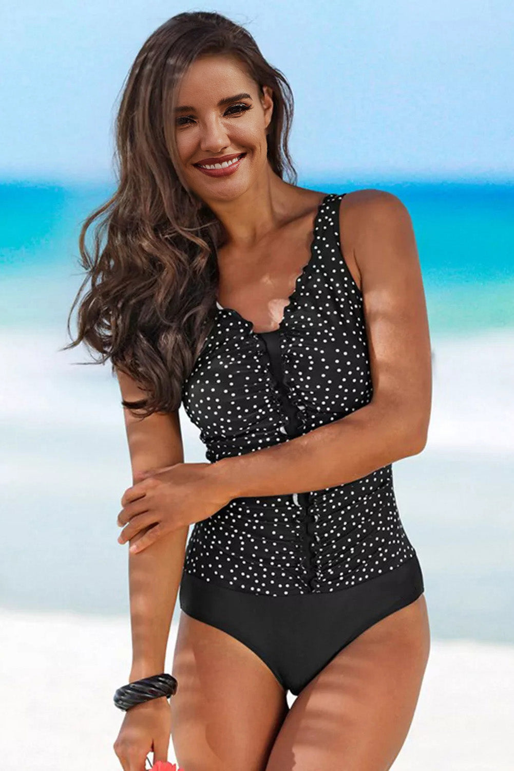 Black Dotted Print Ruffles One-piece Swimsuit