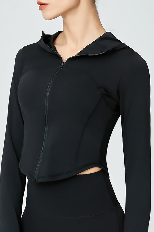 Black Sporty Thumbhole Sleeve Zipped Round Hem Hoodie