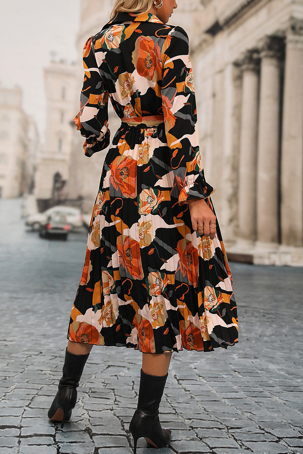 Multicolor Floral Print Waist Tie Pleated Midi Shirt Dress