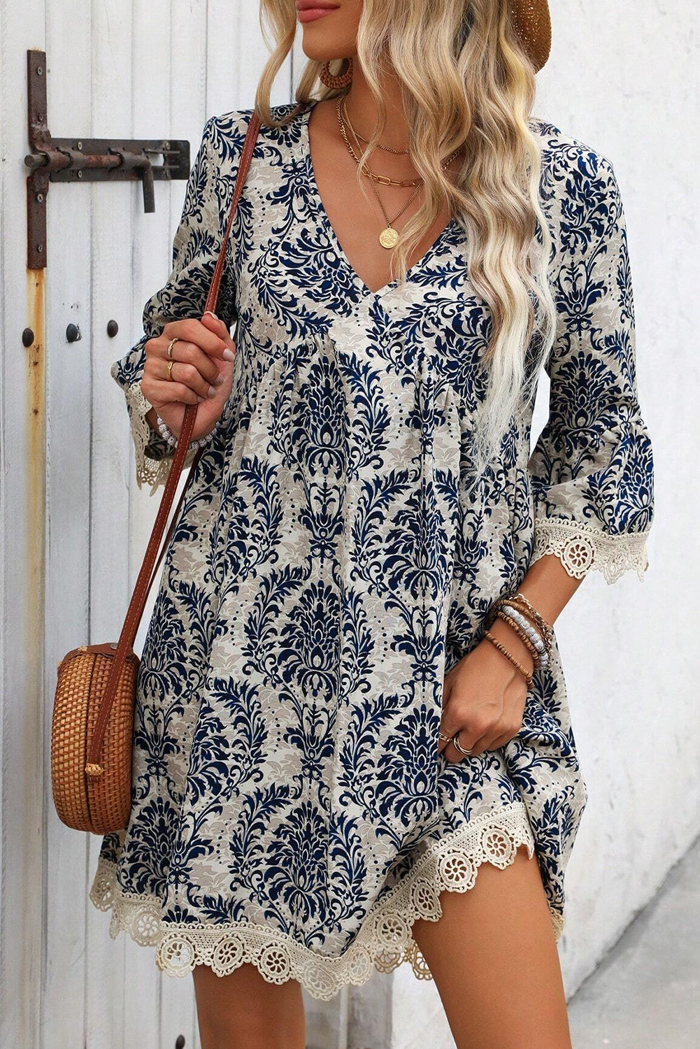 Sky Blue Vintage Printed Lace Trim V Neck 3/4 Sleeve Loose Dress