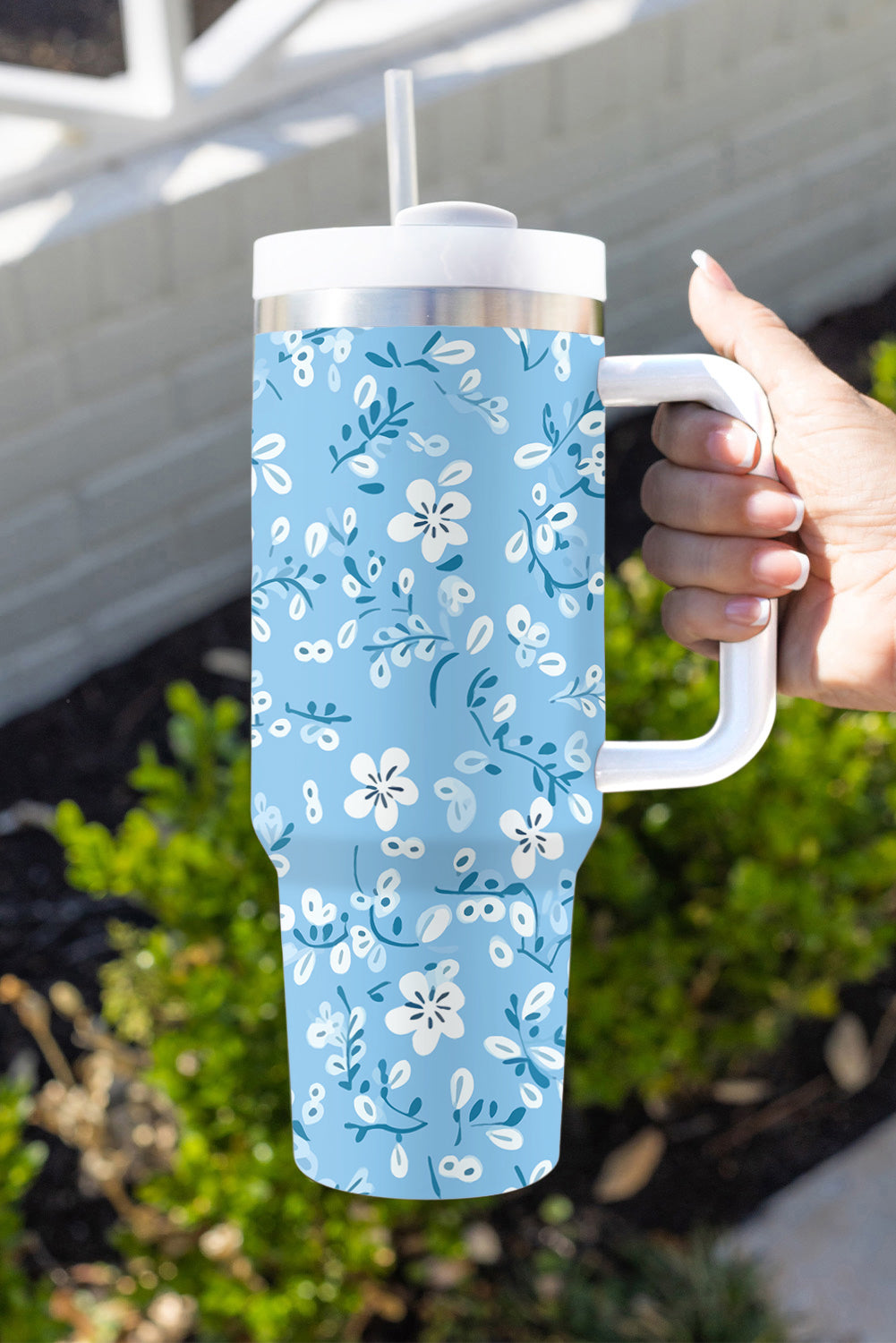 Light Blue Floral Print Stainless Steel Vacuum Cup 40oz