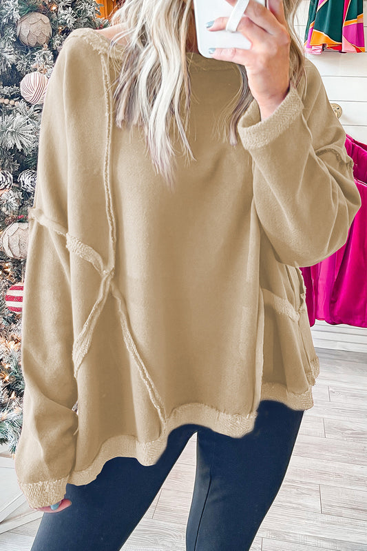 Khaki Exposed Seam Drop Shoulder Raw Hem Oversized Sweatshirt