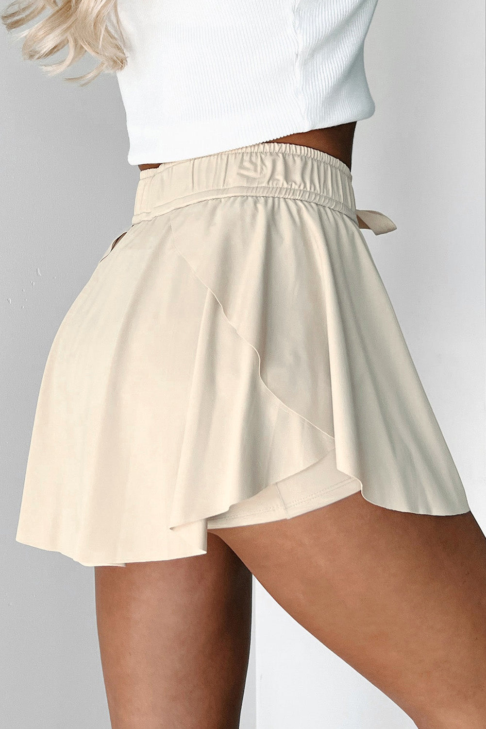 Beige Drawstring High Waist Lined Tennis Skorts