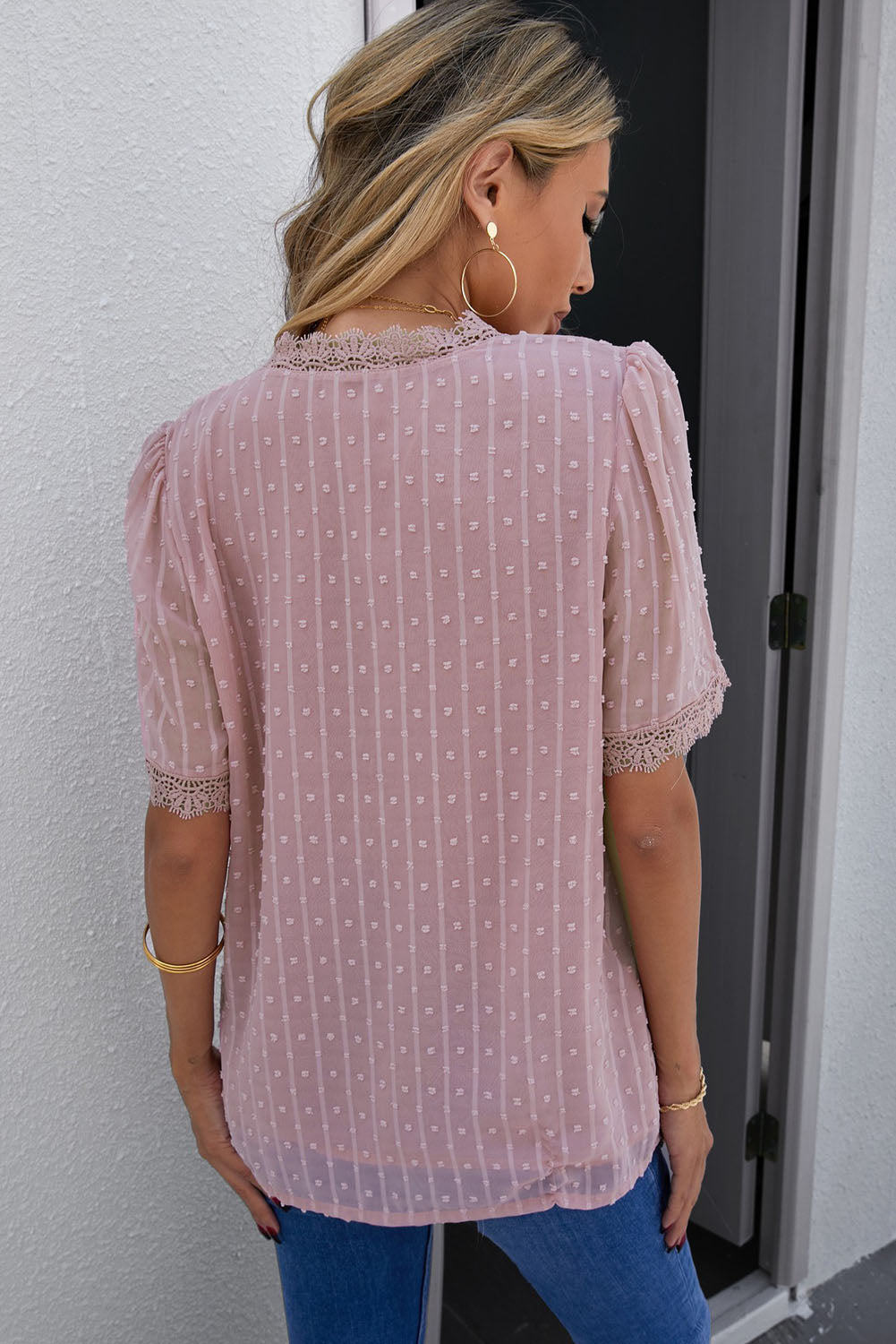 Pink Lace Splicing V-Neck Swiss Dot Short Sleeve Top