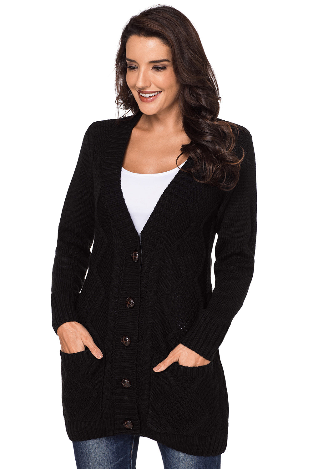 Black Front Pocket and Buttons Closure Cardigan