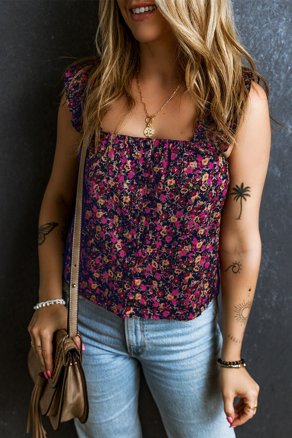 Rose Boho Frilled Straps Floral Tank Top