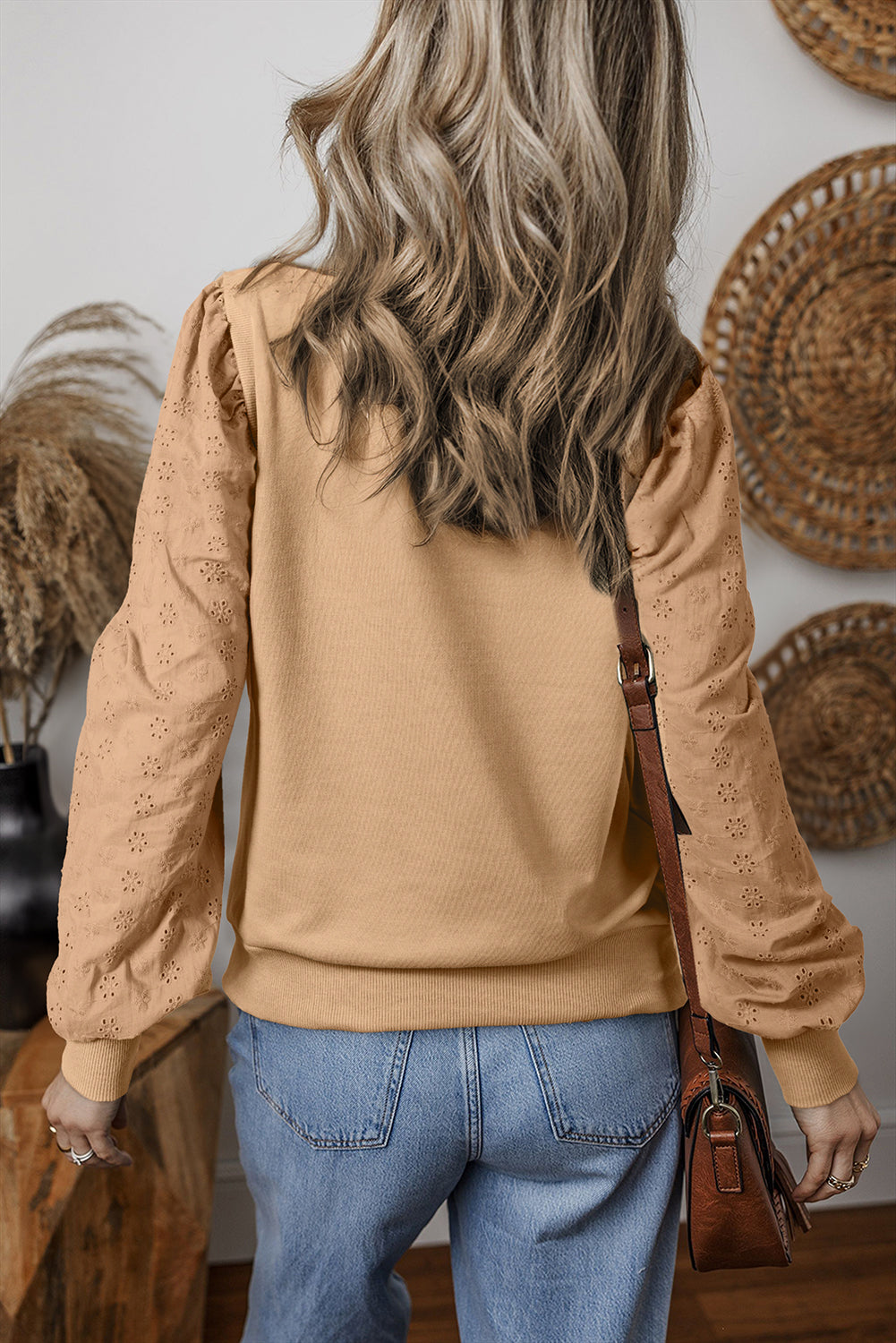 Pale Khaki Solid Patchwork Sleeve Round Neck Sweatshirt