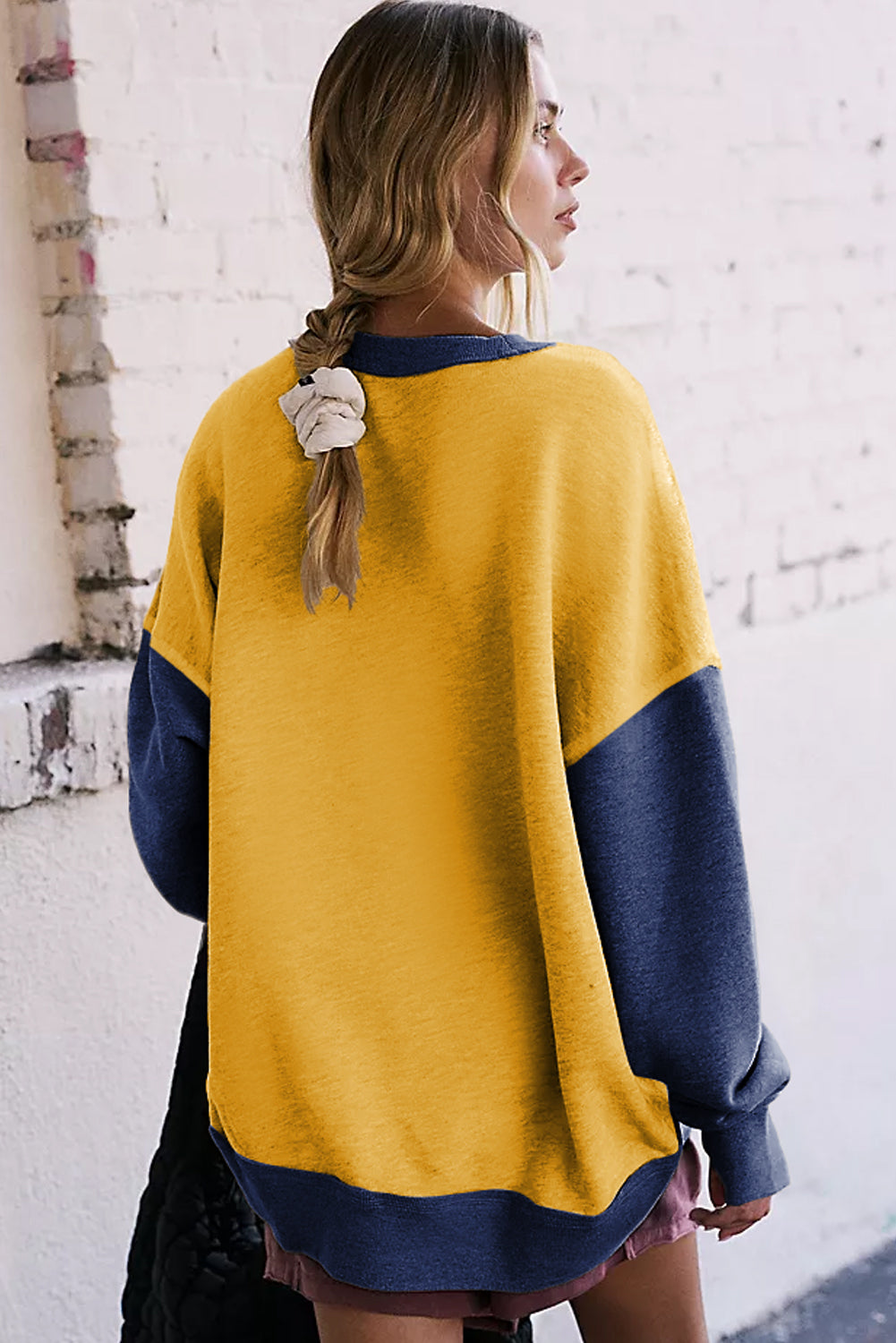 Yellow Color Block Thumbhole Sleeve Drop Shoulder Sweatshirt