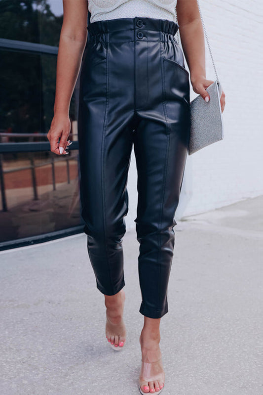 Black Smocked High Waist Faux Leather Skinny Pants