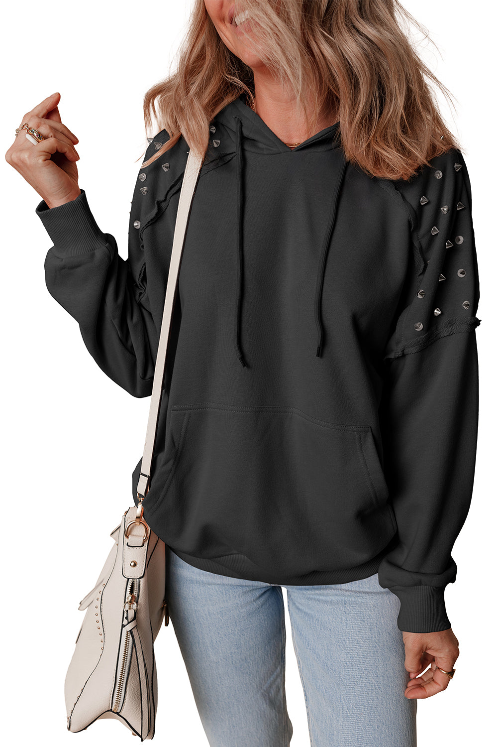 Black Solid Color Rivet Stud Raglan Sleeve Hoodie with Pocket