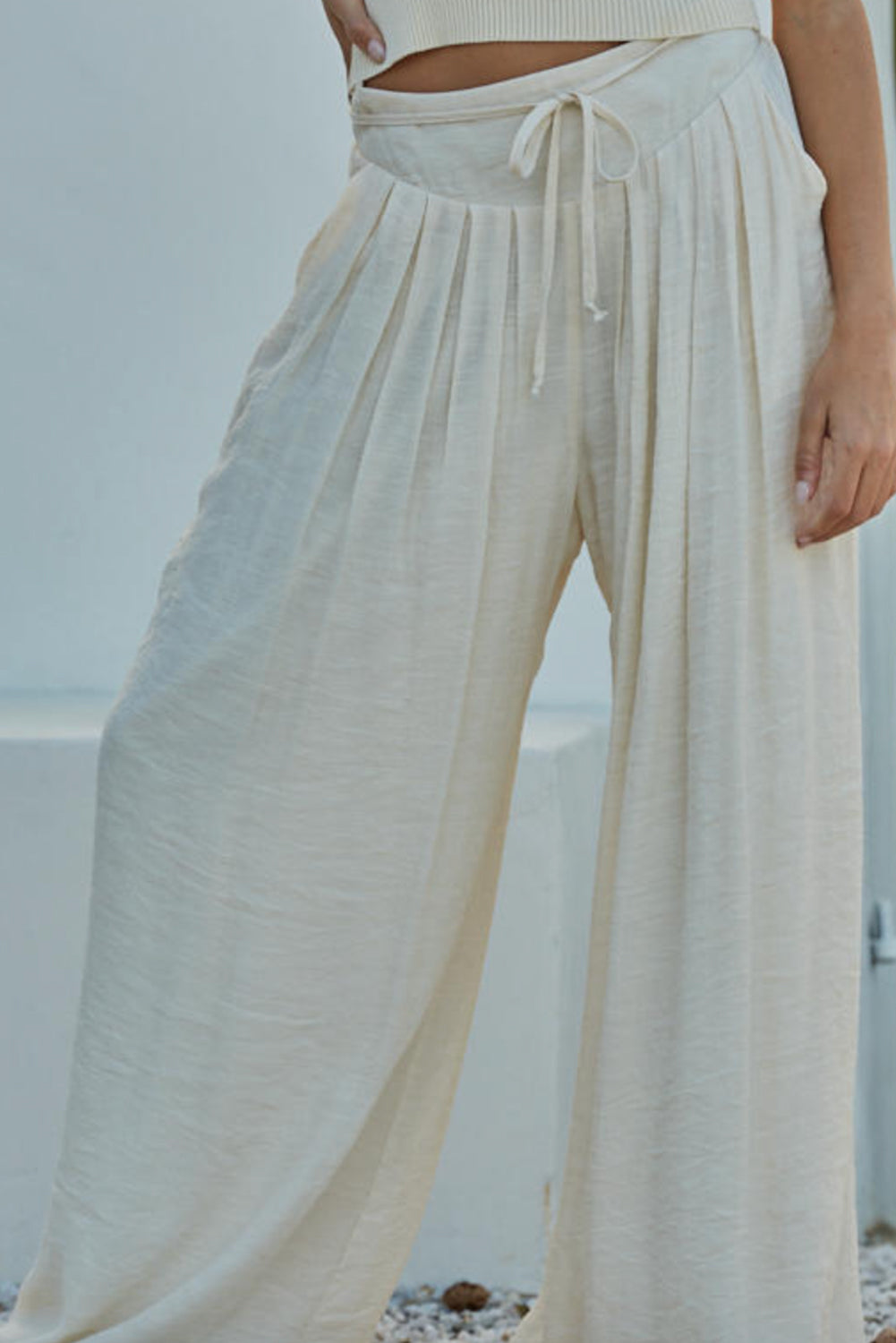 White Casual Tie Waist Pleated Wide Leg Pants