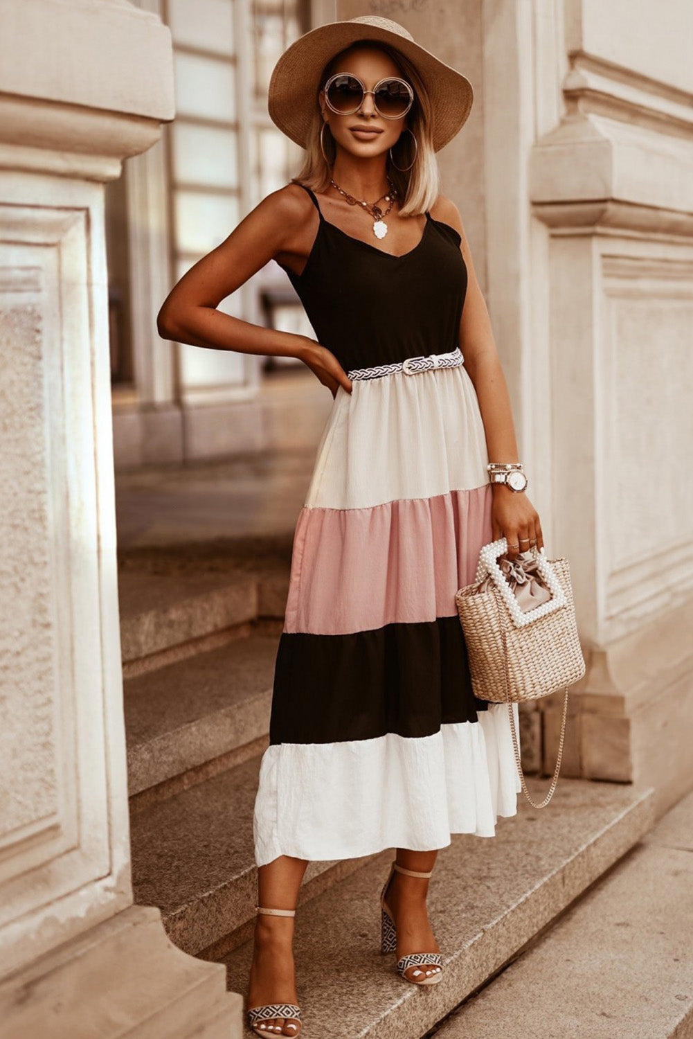 Black Color Block Sleeveless V Neck Long Dress