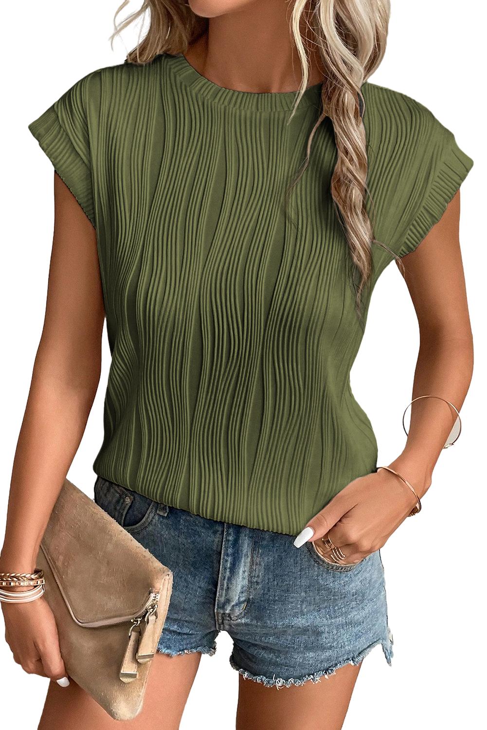 Jungle Green Wavy Texture Cap Sleeve Top