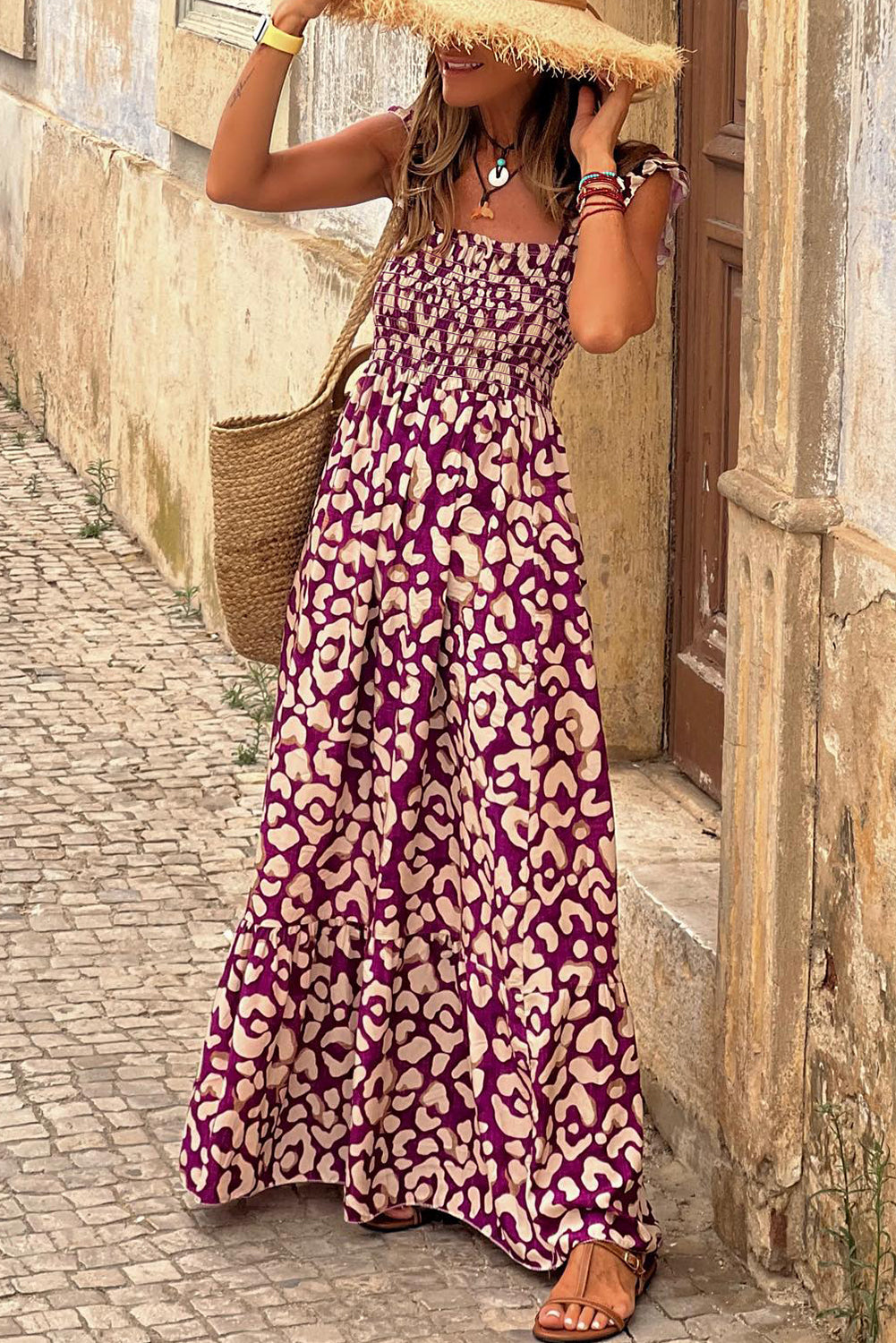 Rose Leopard Ruffle Straps Smocked High Waist Long Dress