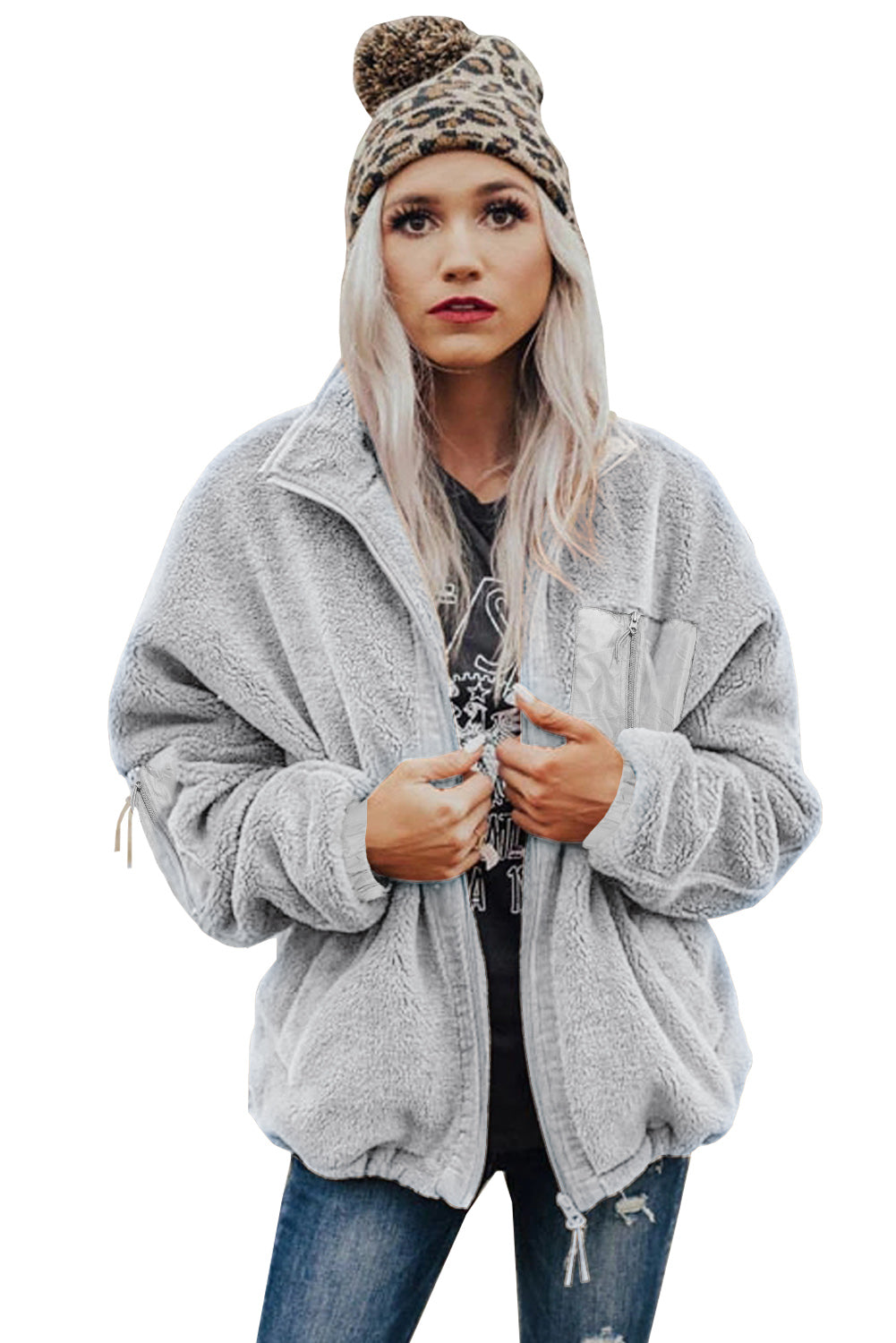 Gray Zip Up Sherpa Coat with Pocket