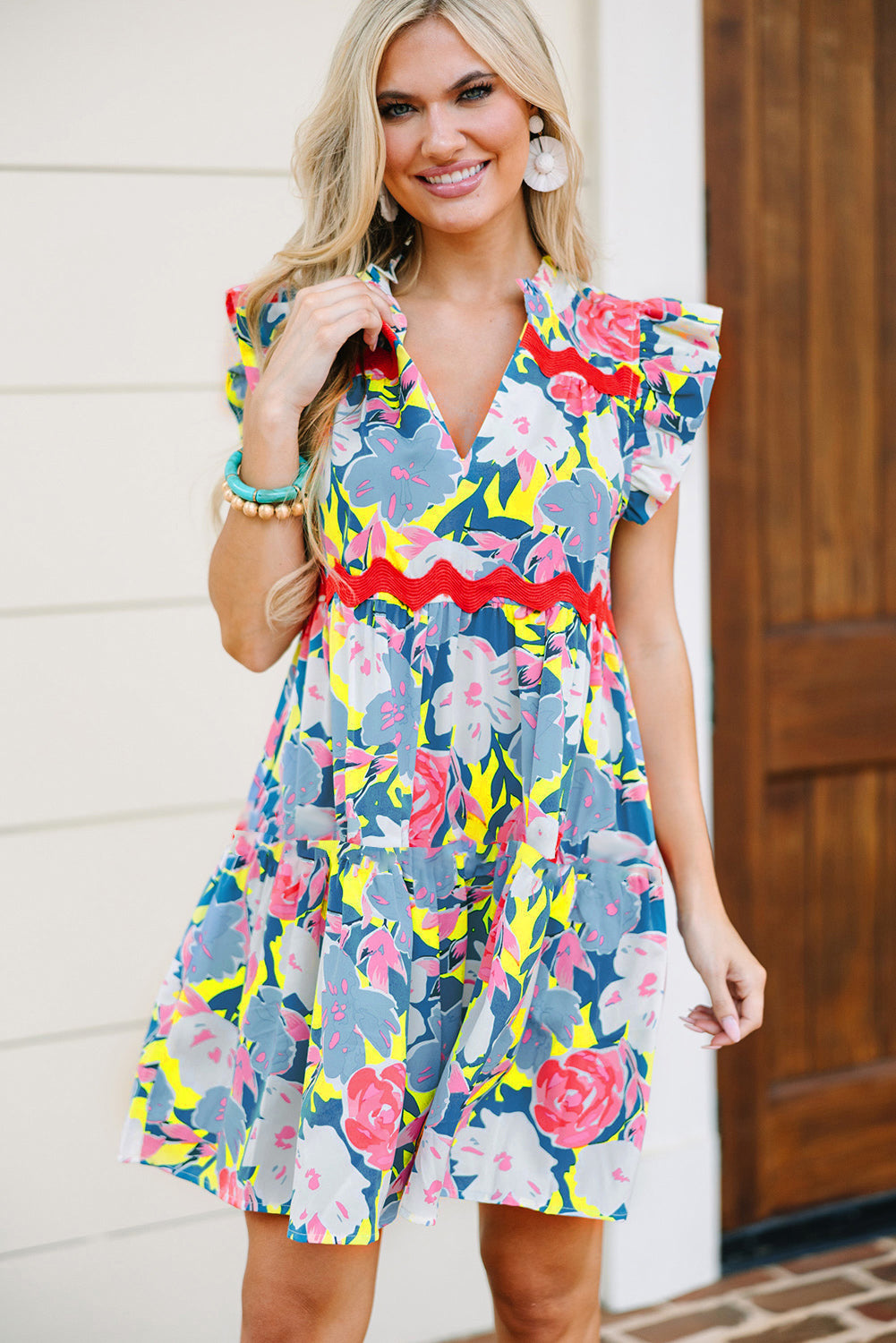 Sky Blue Floral Printed V Notched Ric Rac Flutter Sleeve Dress