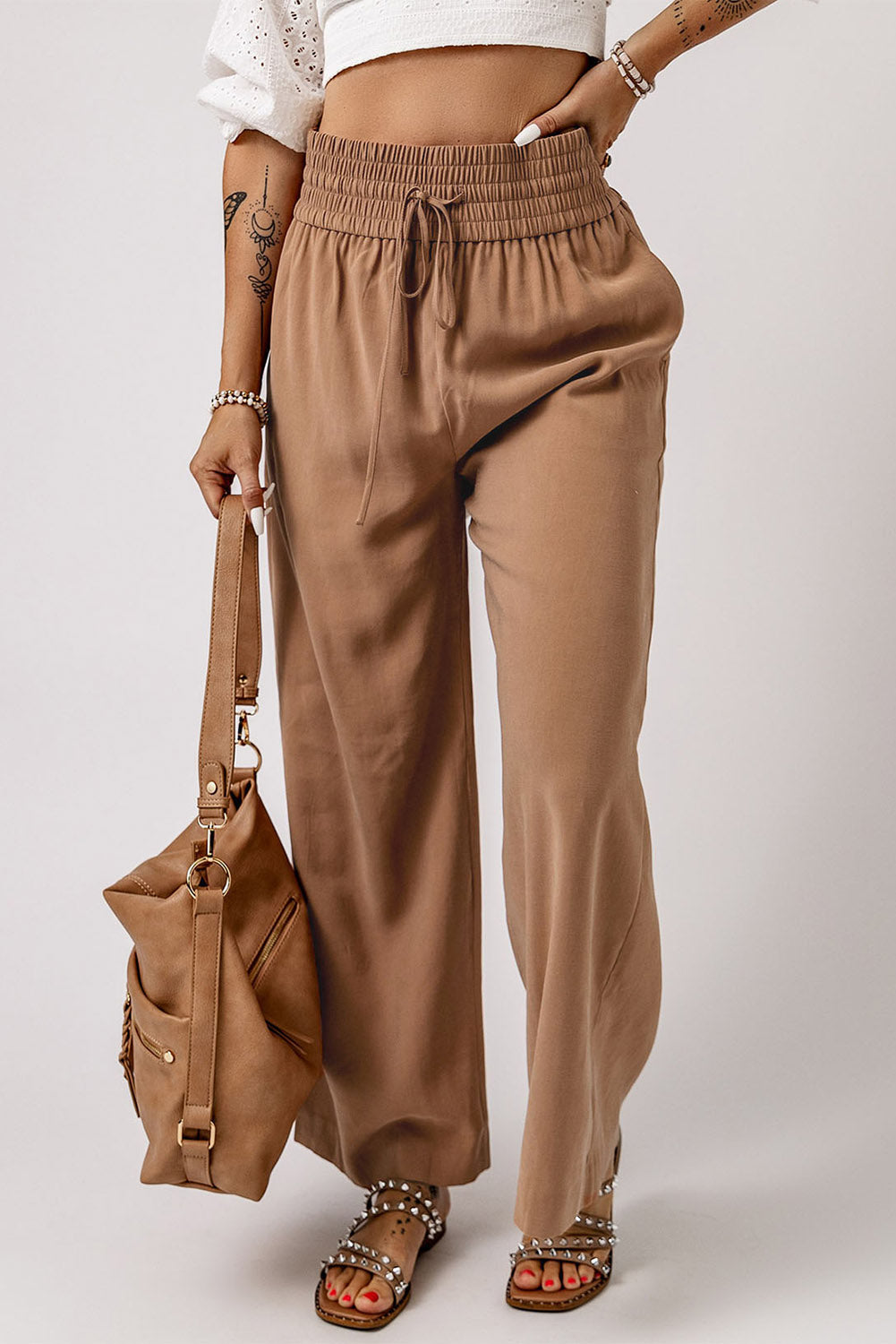 Brown Drawstring Elastic Waist Casual Wide Leg Pants