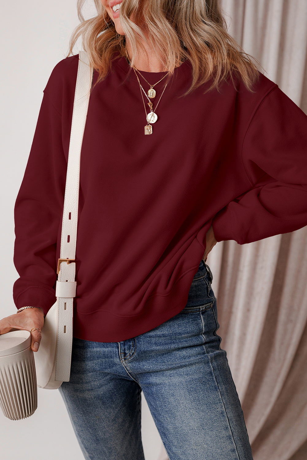 Burgundy Solid Fleece Lined Drop Shoulder Terry Sweatshirt