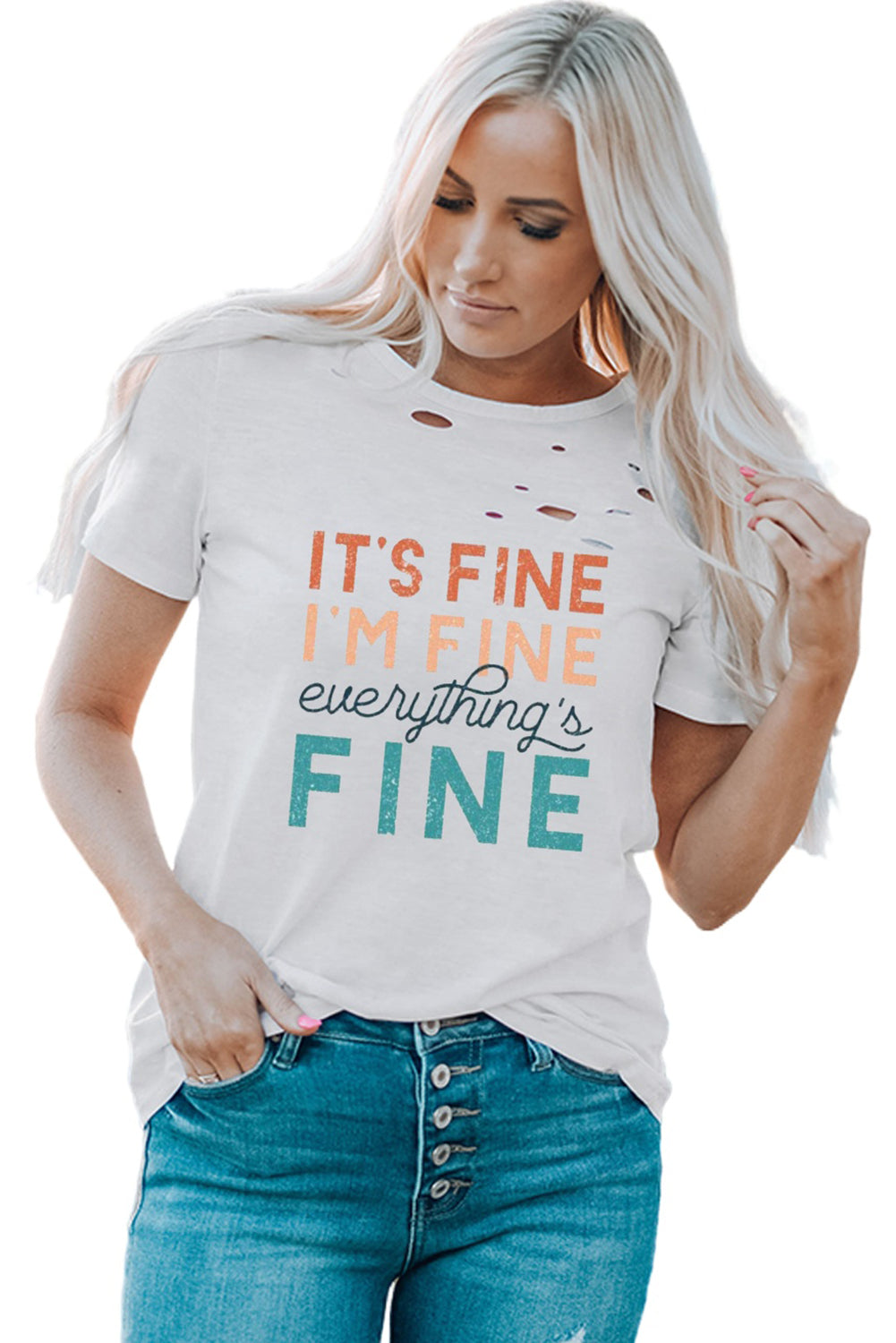 White Everything is Fine Graphic Distressed T-shirt