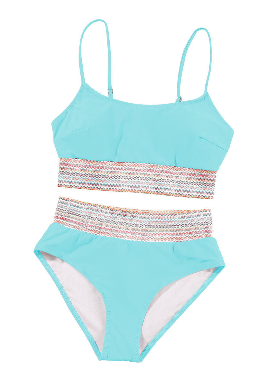 Sky Blue Striped Patchwork Spaghetti Strap High Waist Bikini Swimsuit