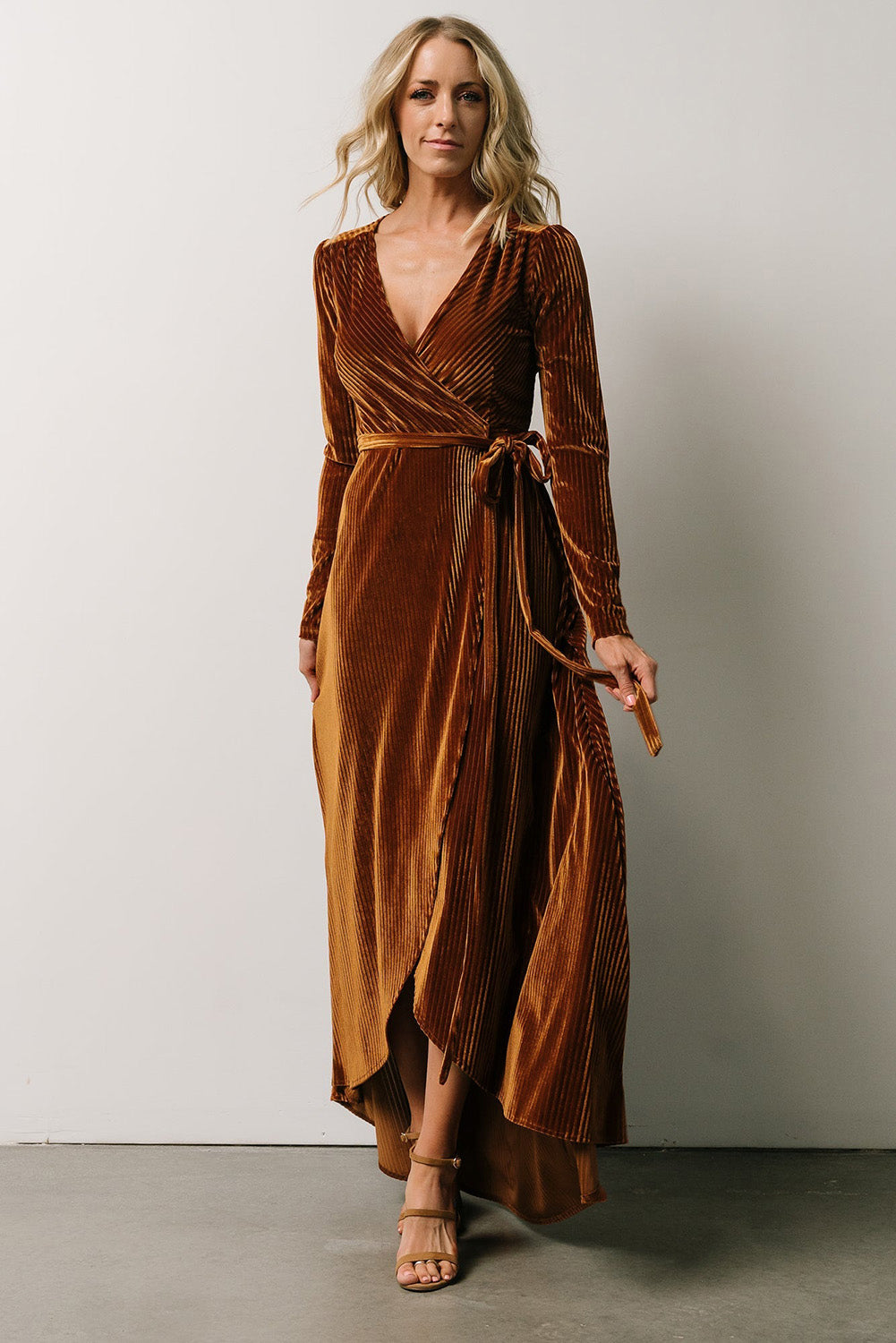 Chestnut Ribbed Velvet Wrap Long Sleeve Maxi Dress