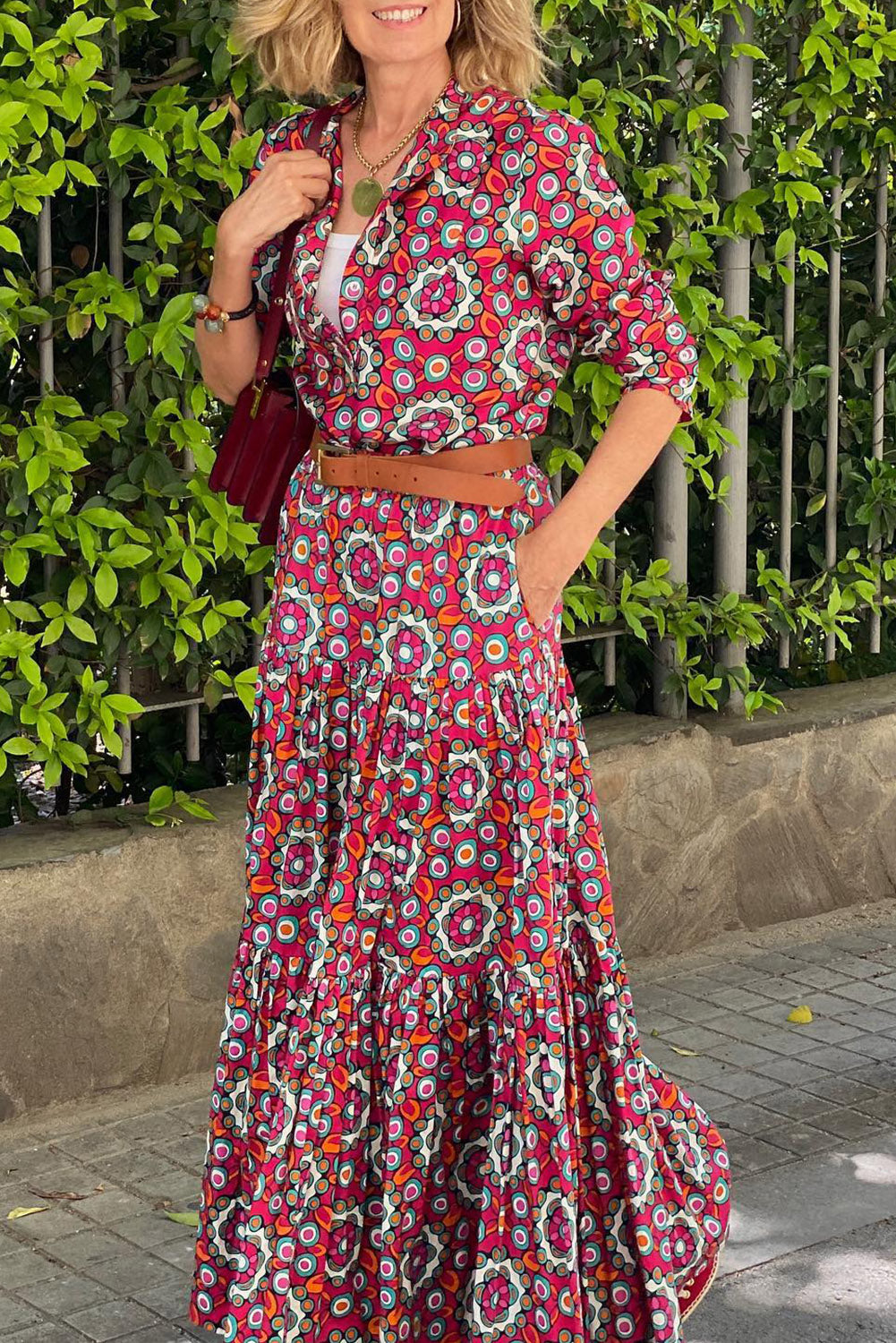 Floral Print Long Sleeve Shirt Bodice Flared Maxi Dress