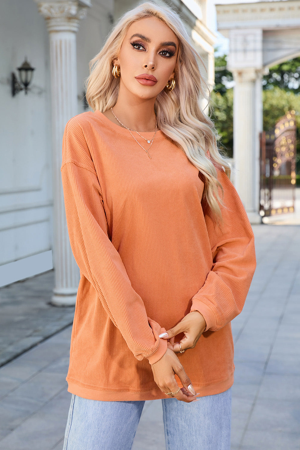 Orange Ribbed Corded Oversized Sweatshirt