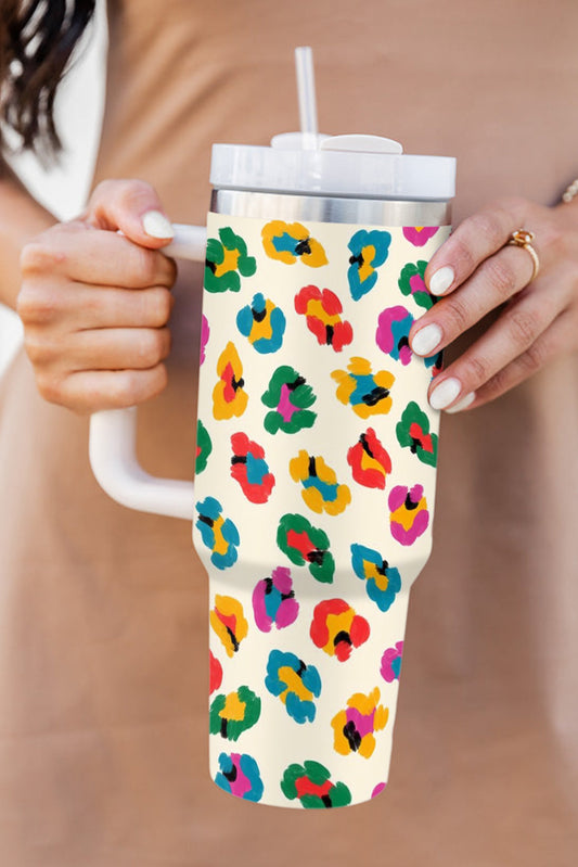 White Multi Color Leopard Print Handle Stainless Tumbler 40oz