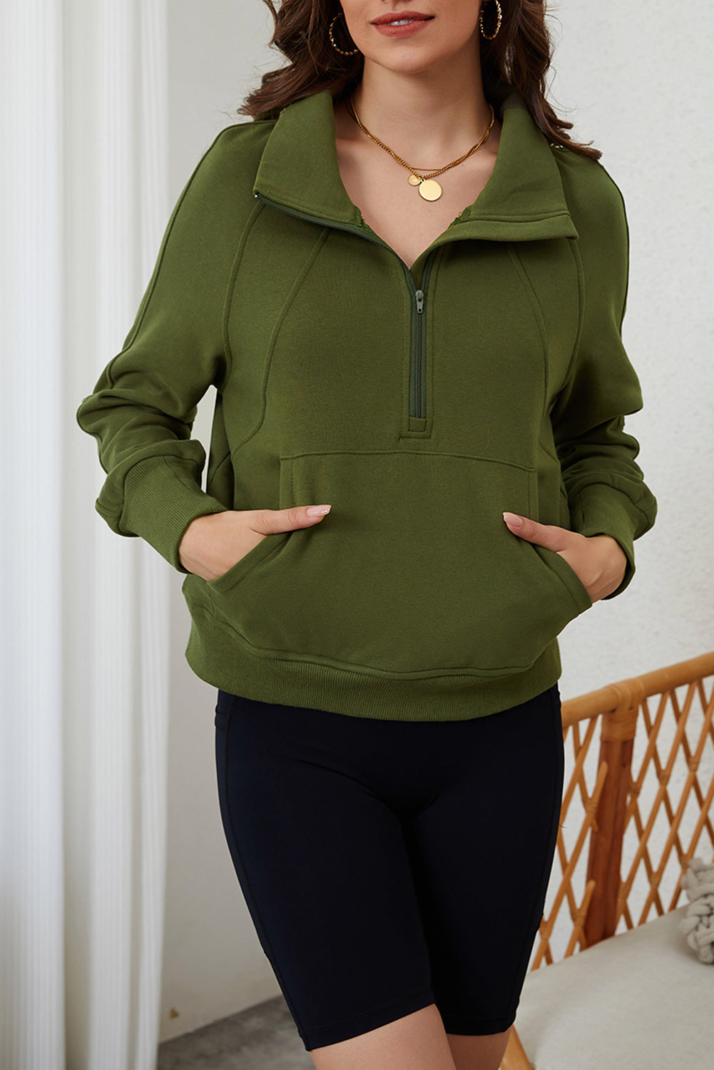 Moss Green Quarter Zip Stand Neck Kangaroo Pocket Sweatshirt