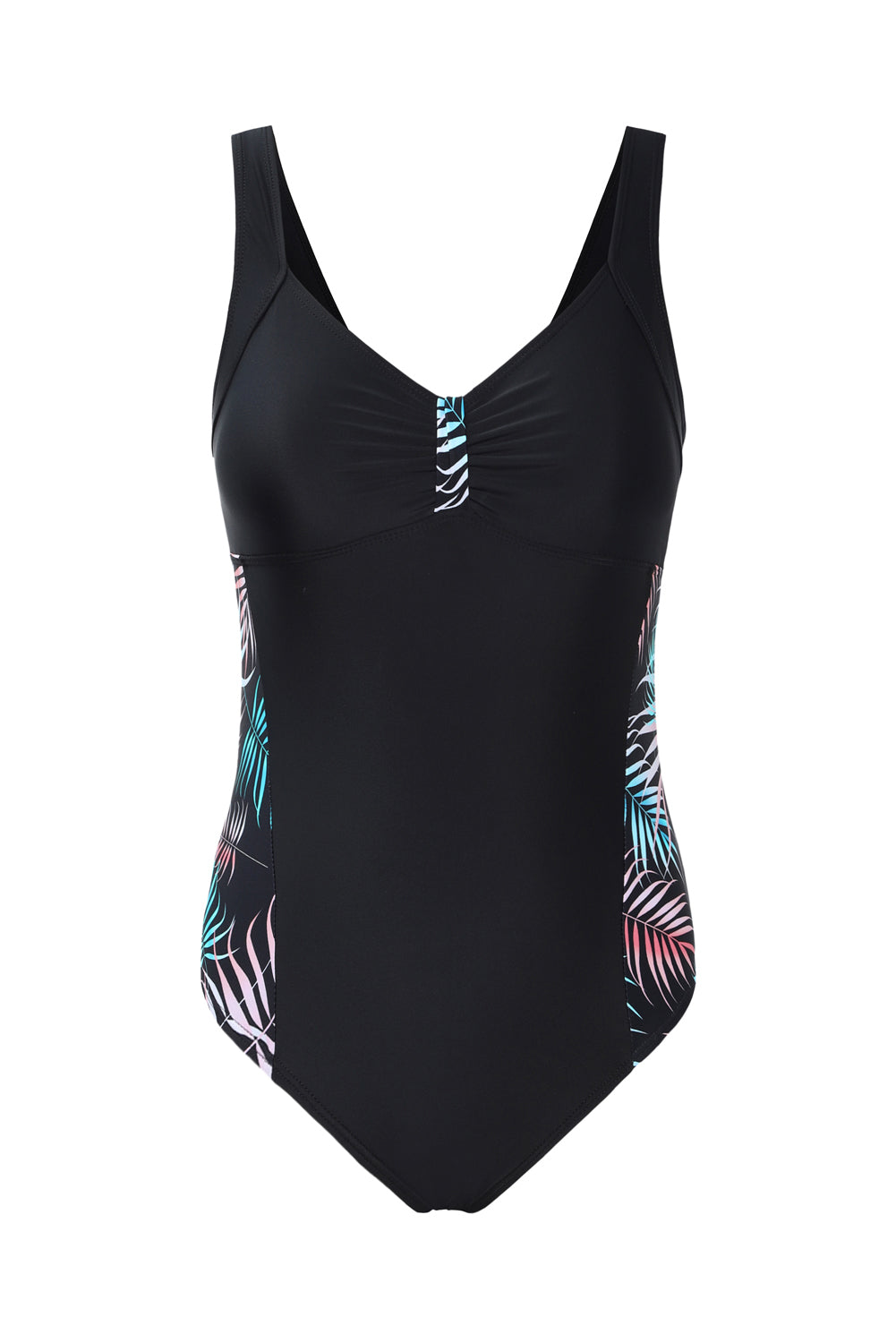 Black Leaves Splicing Ruched Front Open Back One-piece Swimsuit