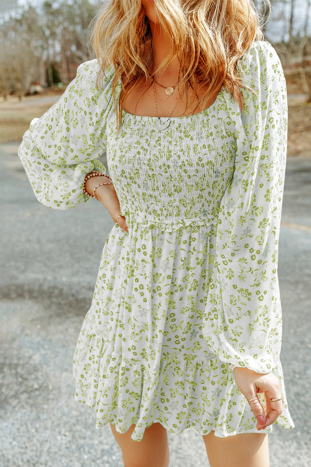 Pear Green Boho Floral Smocked Puff Sleeve Mini Dress