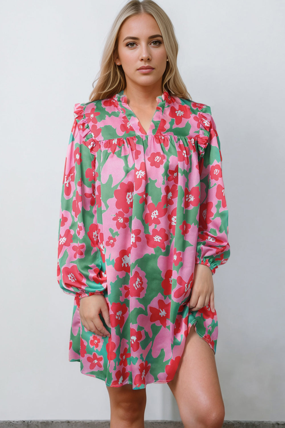 Pink Split V Neck Bubble Sleeve Loose Floral Dress