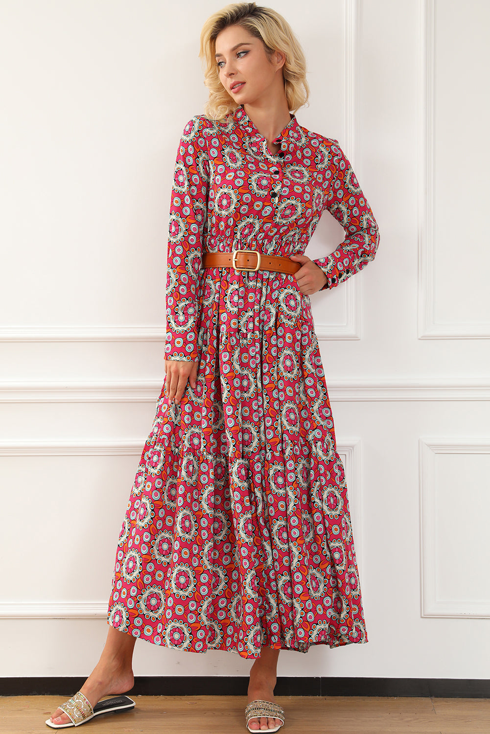 Floral Print Long Sleeve Shirt Bodice Flared Maxi Dress