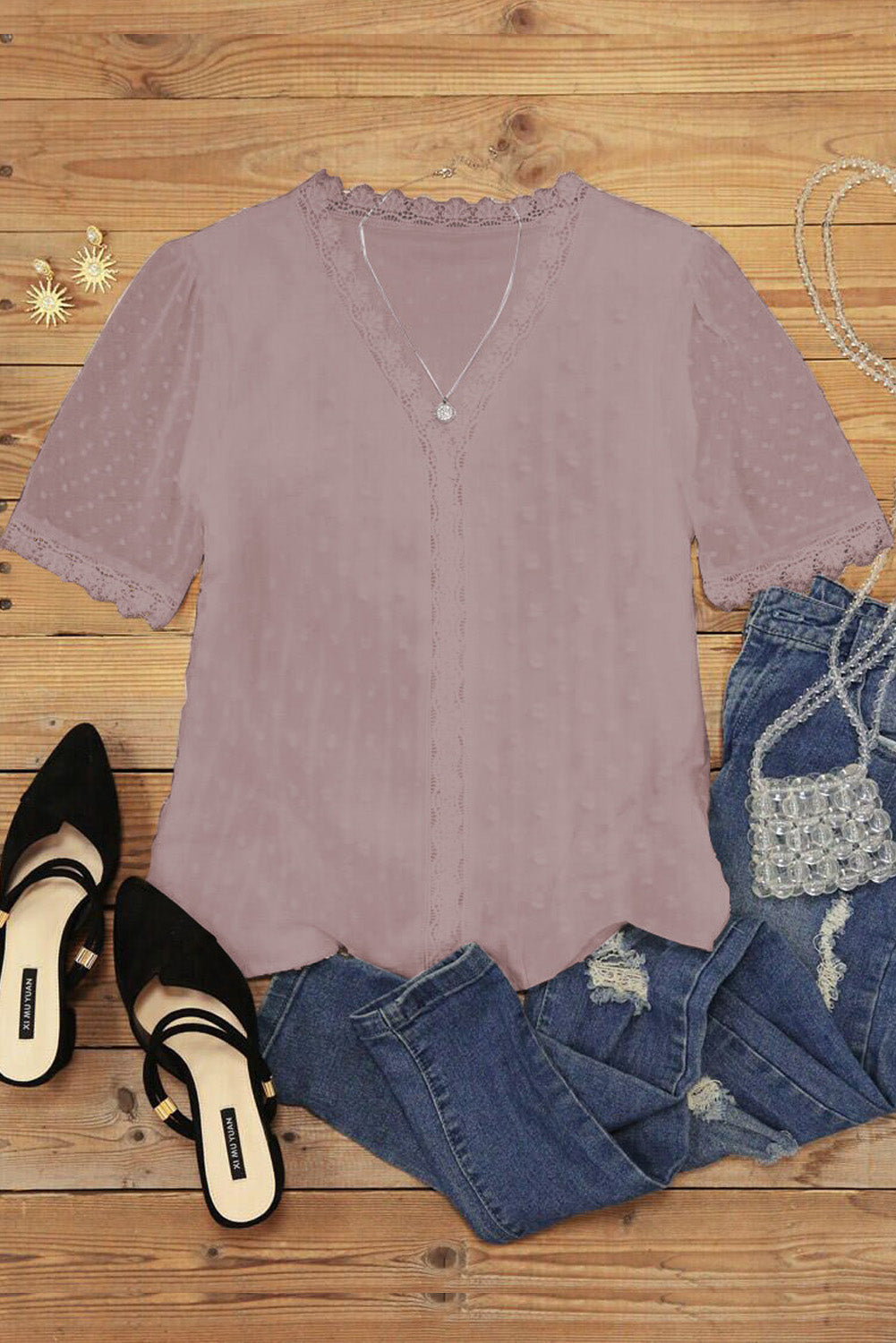 Pink Lace Splicing V-Neck Swiss Dot Short Sleeve Top