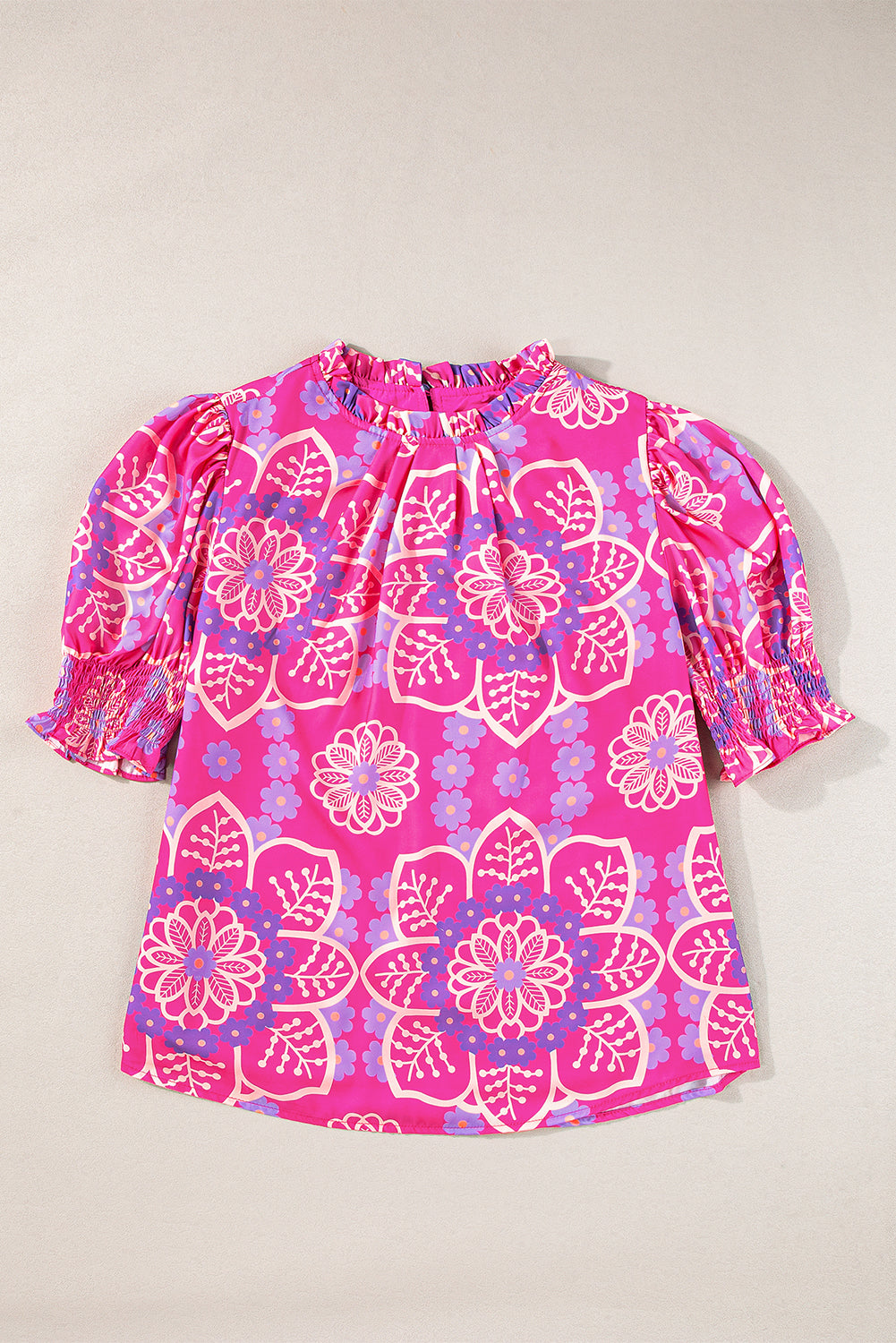 Rose Floral Print Frilled Neck Smocked Puff Sleeve Blouse