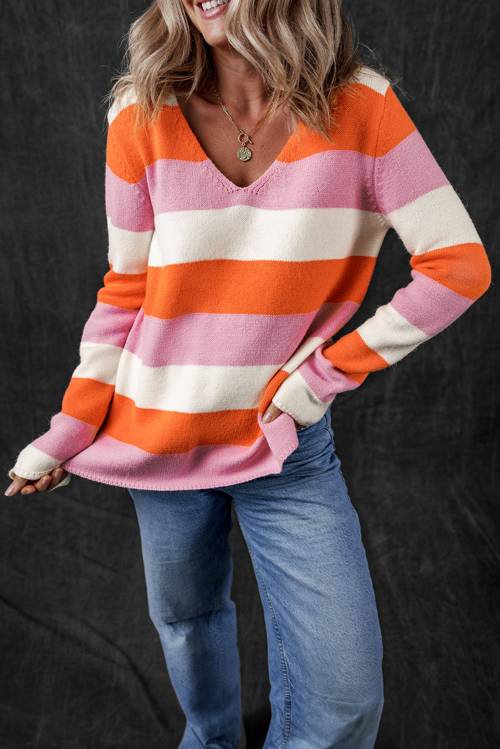 Orange Stripe Colorblock V Neck Casual Sweater