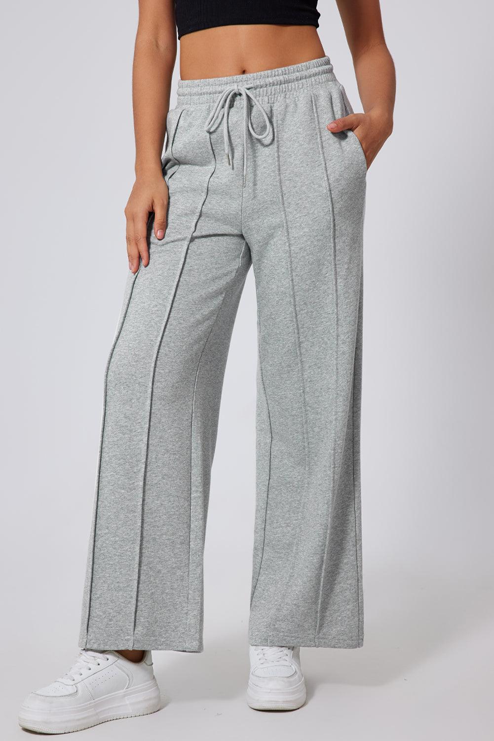 Gray Seamed Drawstring High Waist Wide Leg Sweatpants