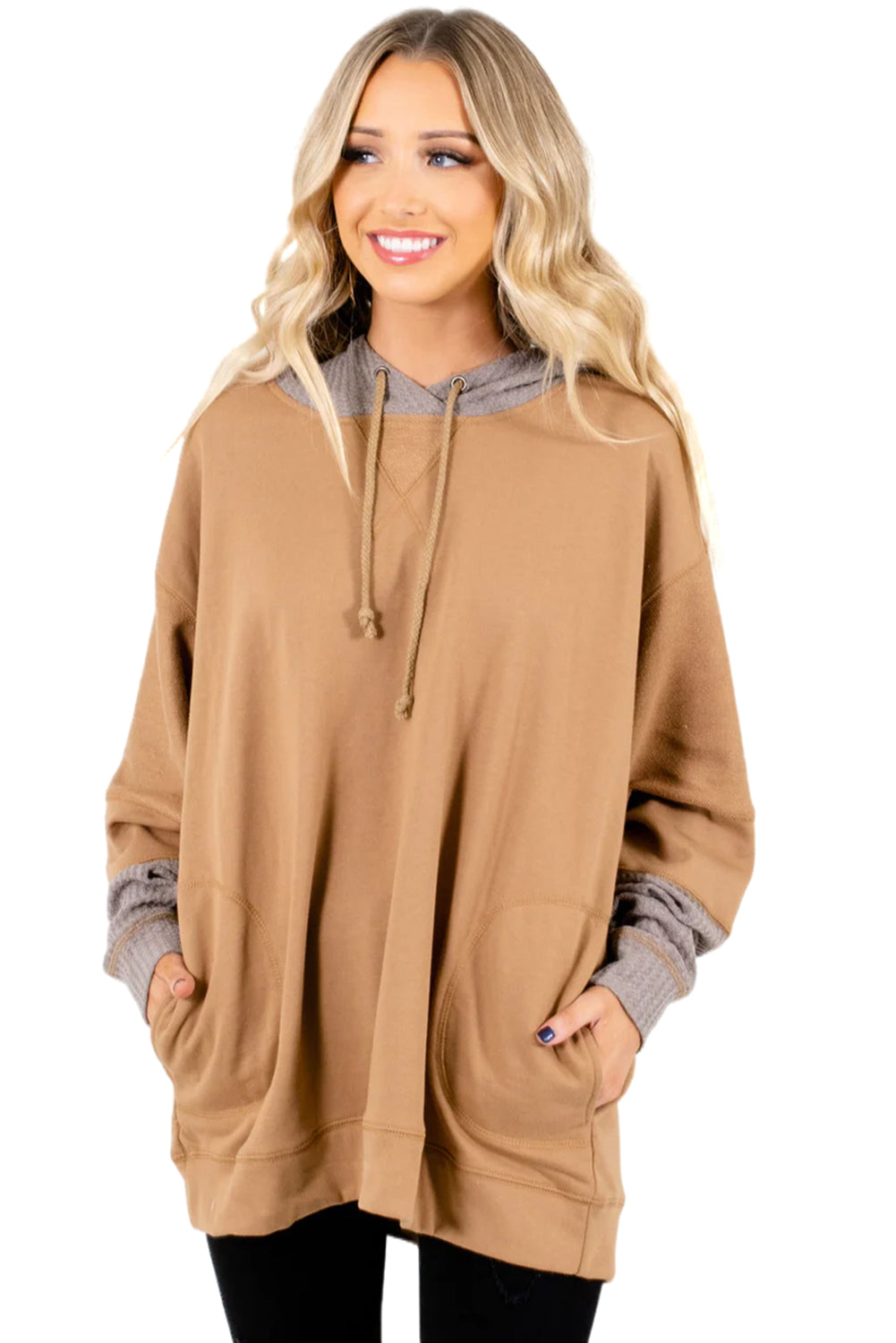 Camel Contrast Hood Patchwork Pocketed Baggy Sweatshirt