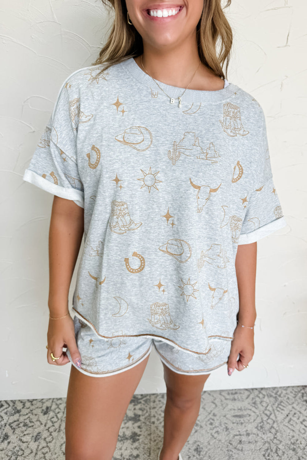 Gray Western Fashion Printed T Shirt Elastic Waist Shorts Set