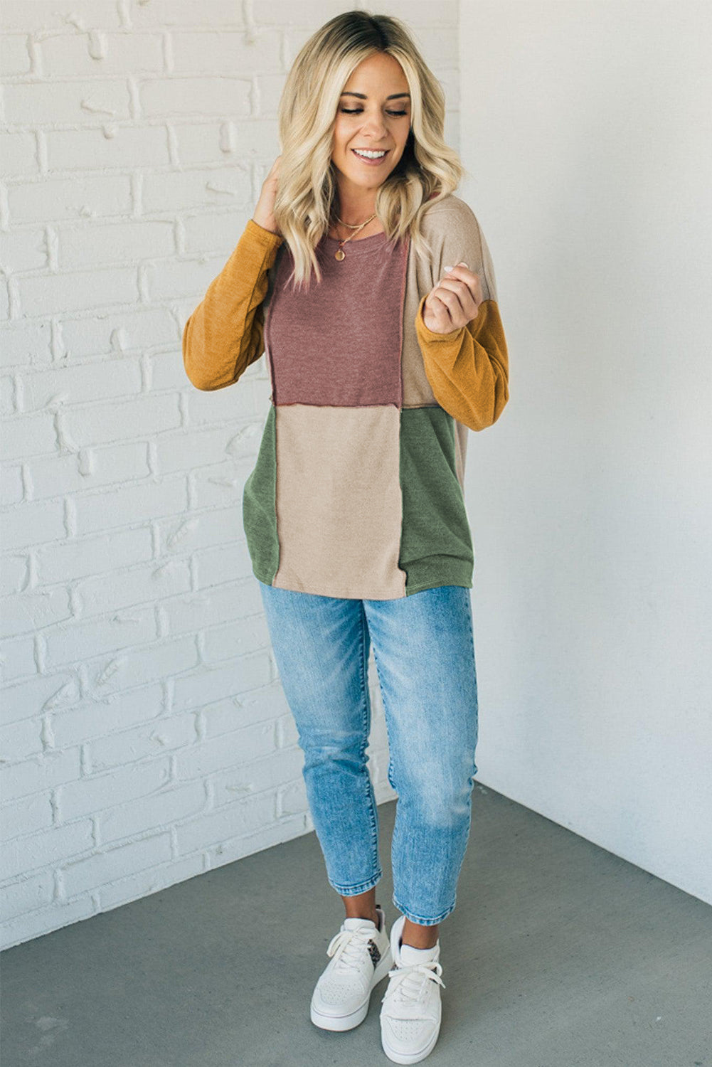 Light French Beige Exposed Seam Colorblock Knit Long Sleeve Top