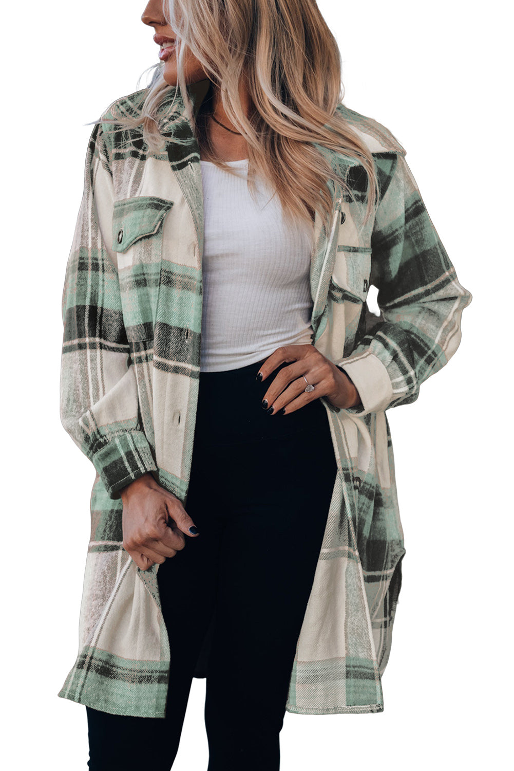 Mint Green Plaid Print Flap Pockets Long Shacket