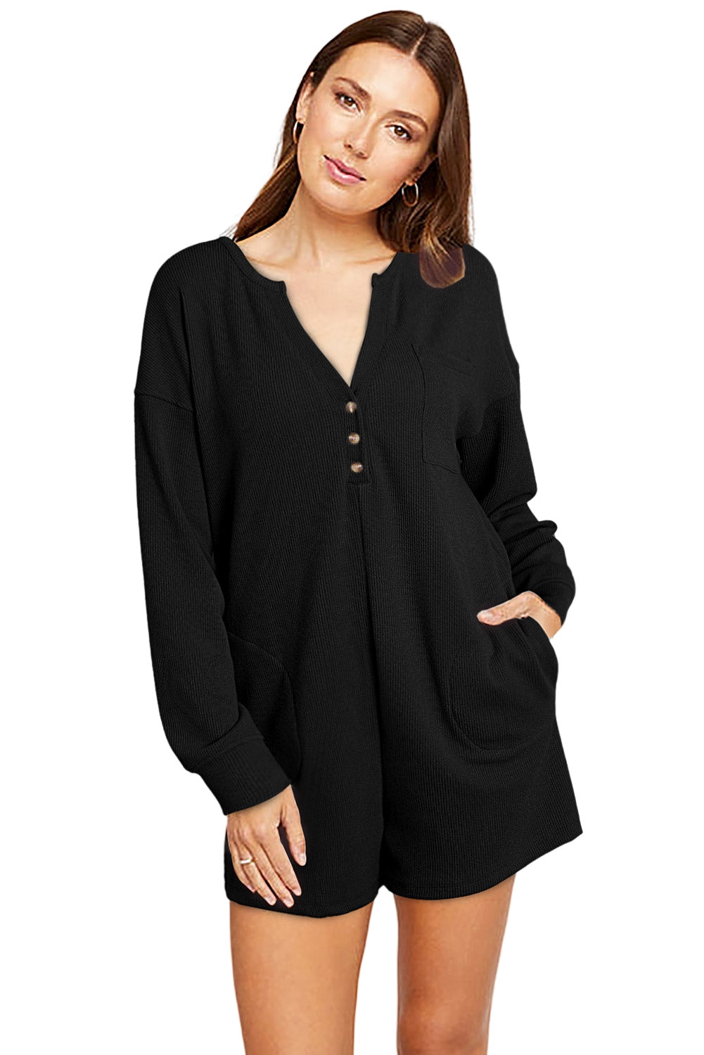 Black Brushed Ribbed Button Split V Neck Long Sleeve Romper