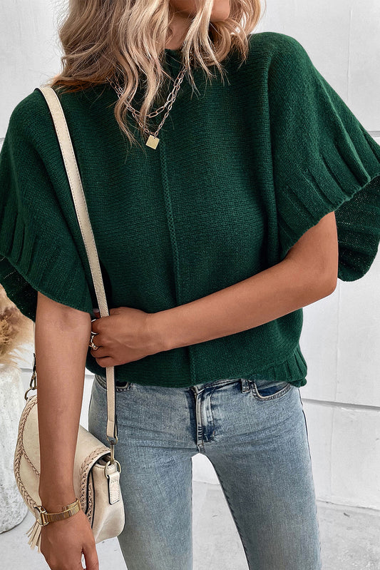 Blackish Green Mock Neck Batwing Short Sleeve Knit Sweater