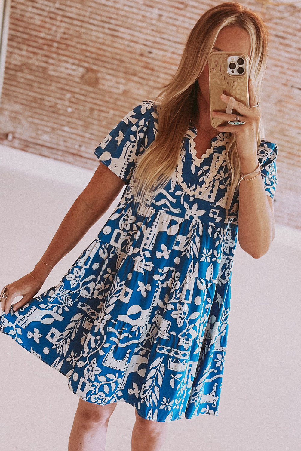 Blue Ricrac Trim Split Neck Floral Loose Dress