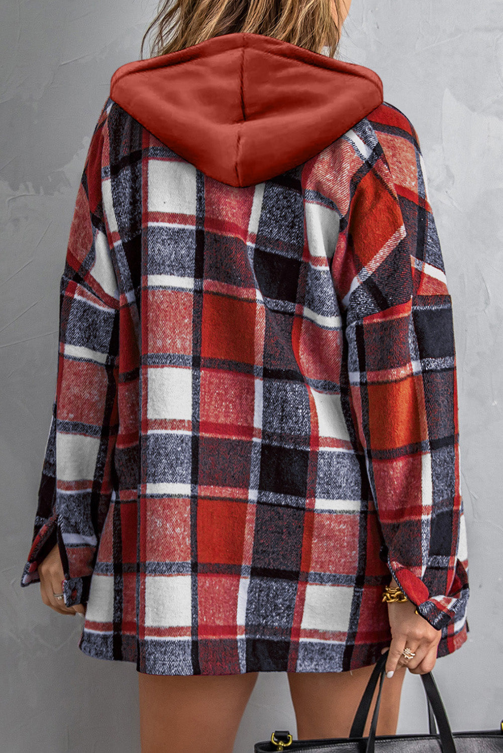 Fiery Red Hooded Plaid Button Front Shacket