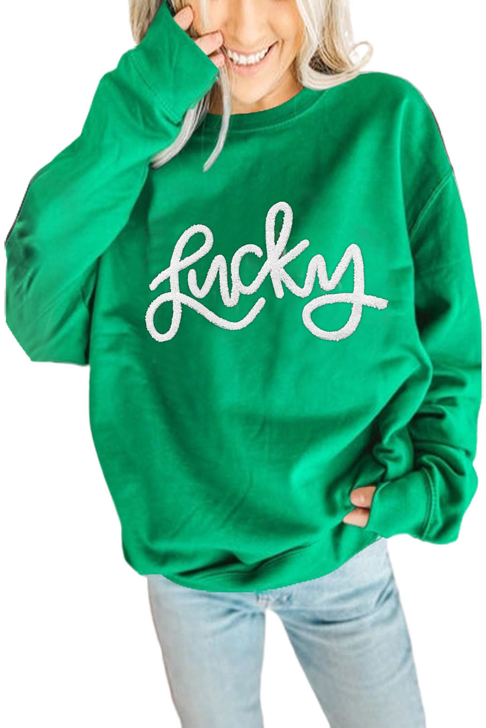 Green LUCKY Aphabet Chenille Embroidered Pullover Sweatshirt