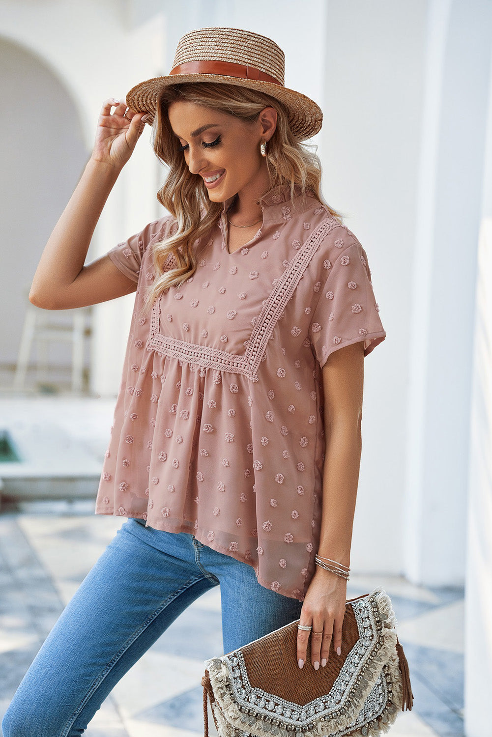 Pink Swiss Dot Short Sleeve Flowy Top