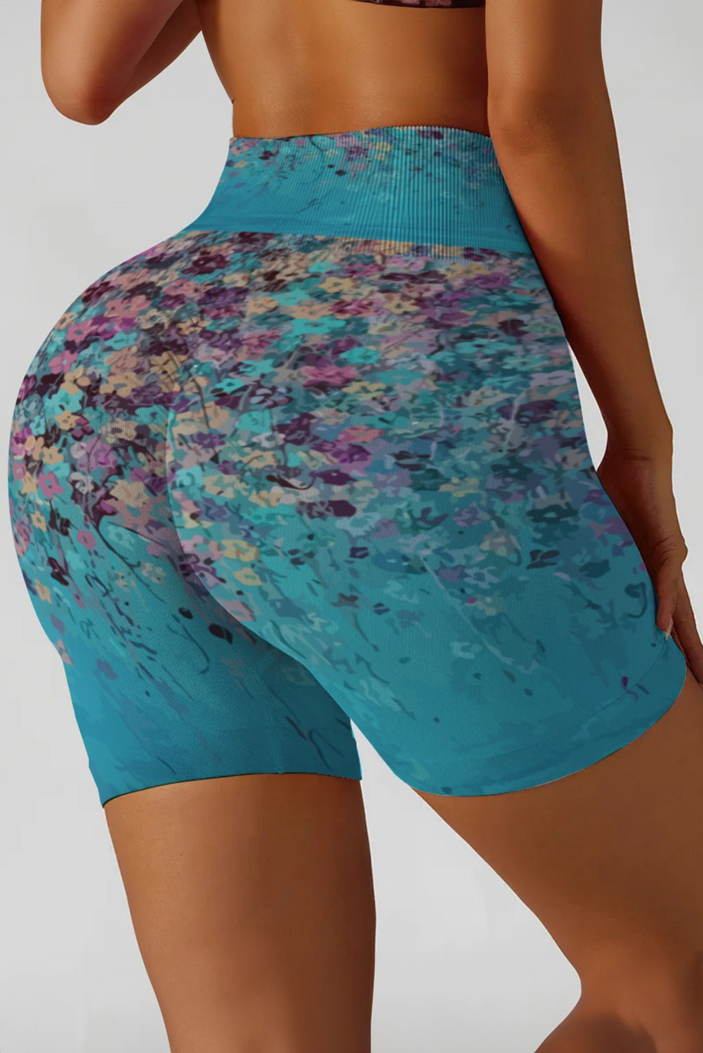 Sky Blue Abstract Floral Print Ribbed High Waist Yoga Shorts