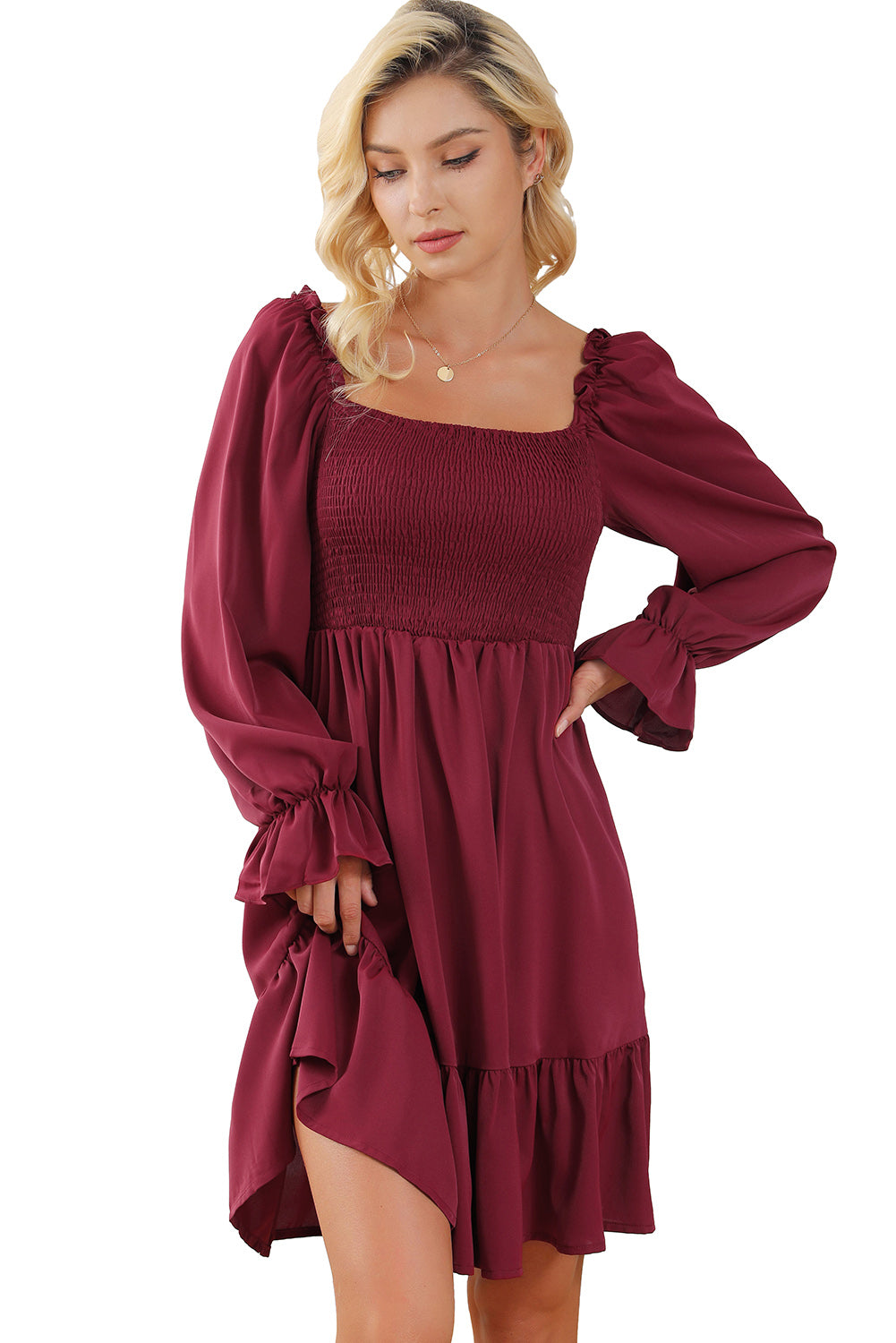 Burgundy Smocked Puff Sleeve Ruffle Mini Dress