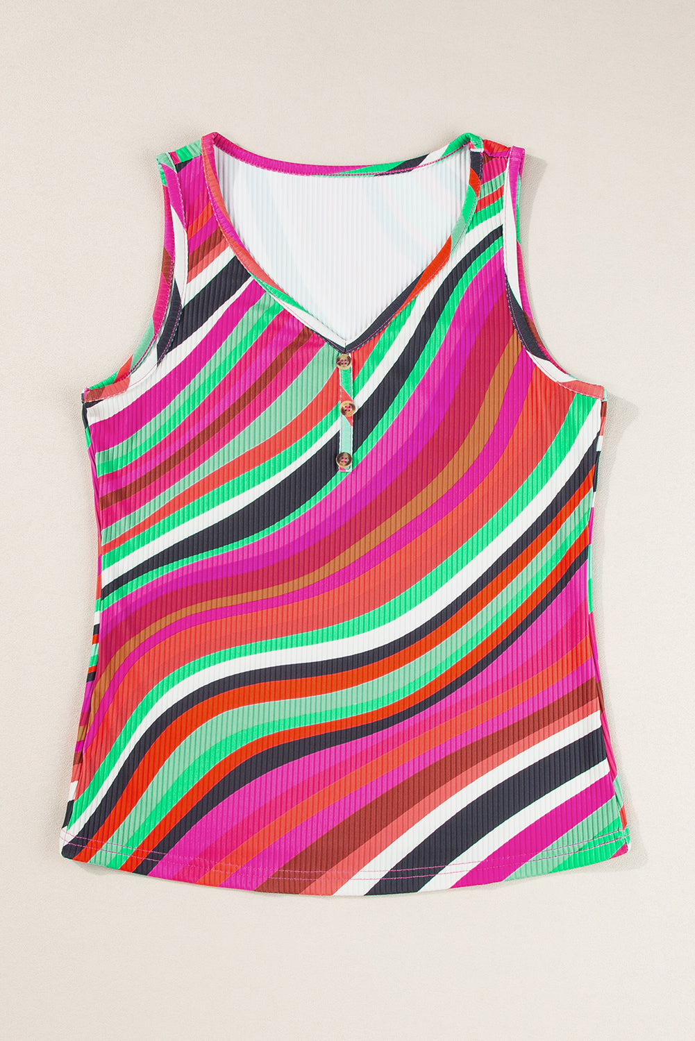 Purple Wavy Striped Buttoned V Neck Tank Top